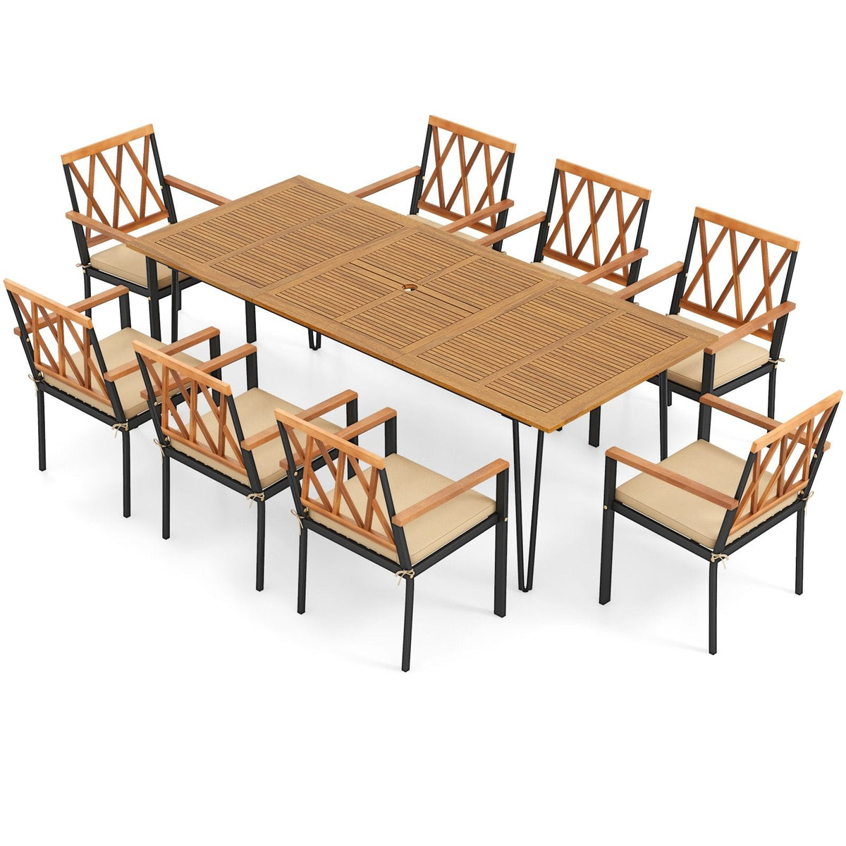 9 Piece Acacia Patio Dining Set for 8, 86.5 Inch Table on Hairpin Legs and Eight Open Cross Back Armchairs