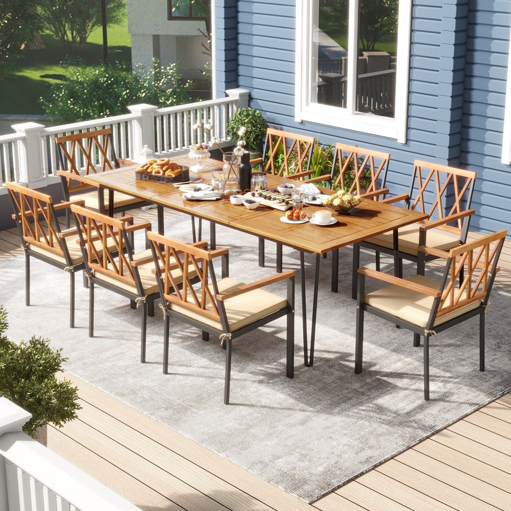 9 Piece Acacia Patio Dining Set for 8, 86.5 Inch Table on Hairpin Legs and Eight Open Cross Back Armchairs