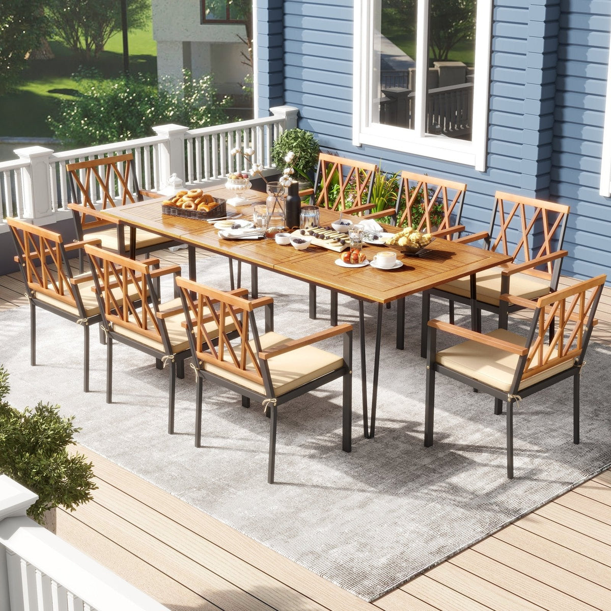 9 Piece Acacia Patio Dining Set for 8, 86.5 Inch Table on Hairpin Legs and Eight Open Cross Back Armchairs