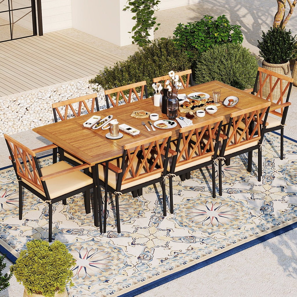 9 Piece Acacia Patio Dining Set for 8, 86.5 Inch Table on Hairpin Legs and Eight Open Cross Back Armchairs