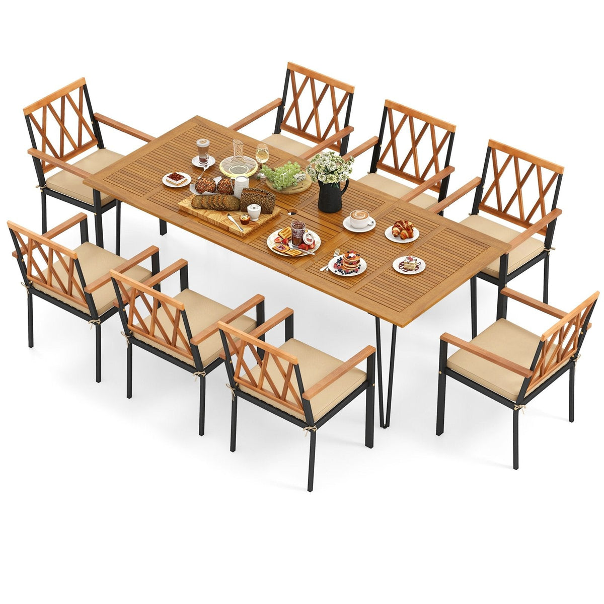 9 Piece Acacia Patio Dining Set for 8, 86.5 Inch Table on Hairpin Legs and Eight Open Cross Back Armchairs