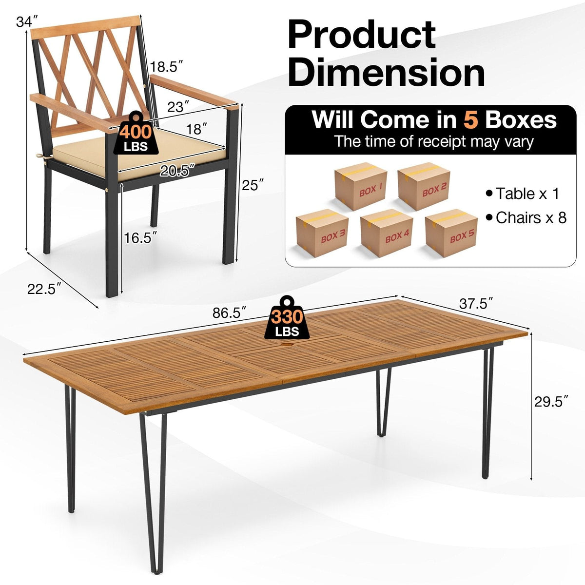9 Piece Acacia Patio Dining Set for 8, 86.5 Inch Table on Hairpin Legs and Eight Open Cross Back Armchairs