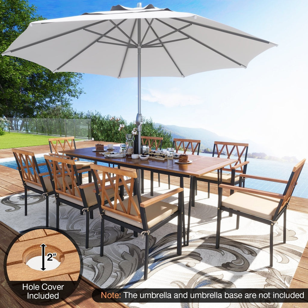 9 Piece Acacia Patio Dining Set for 8, 86.5 Inch Table on Hairpin Legs and Eight Open Cross Back Armchairs