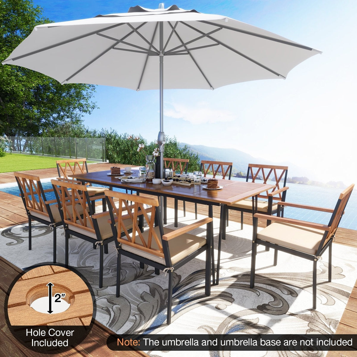 9 Piece Acacia Patio Dining Set for 8, 86.5 Inch Table on Hairpin Legs and Eight Open Cross Back Armchairs