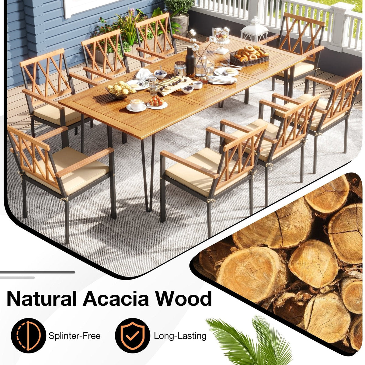 9 Piece Acacia Patio Dining Set for 8, 86.5 Inch Table on Hairpin Legs and Eight Open Cross Back Armchairs