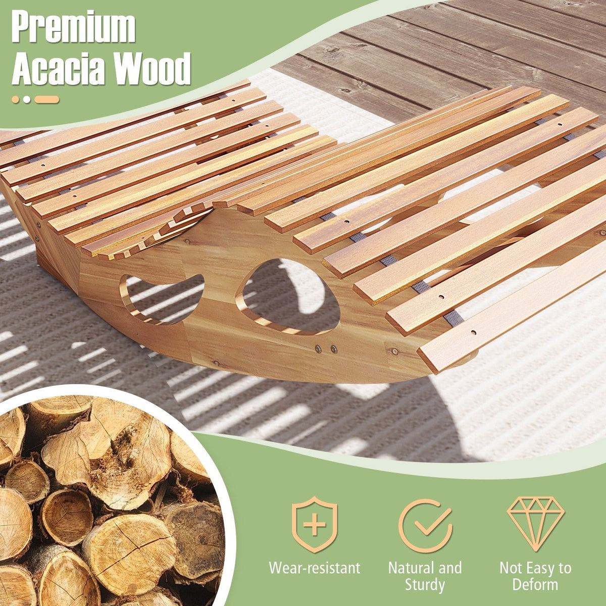 Acacia Wood Rocking Sun Lounger with Slatted Ergonomic Seat, 350 lb