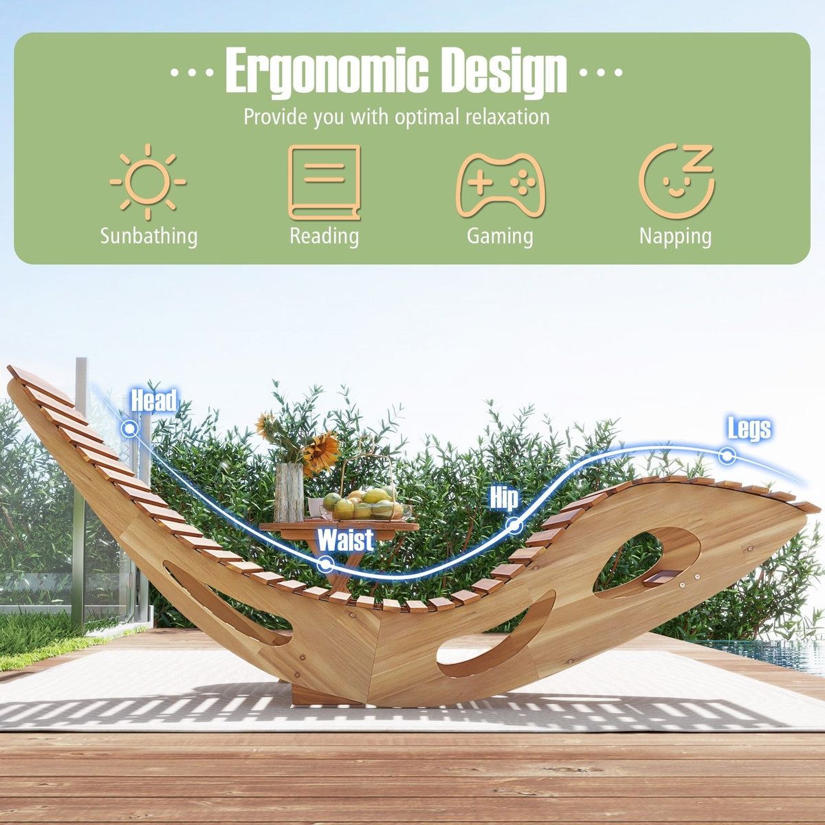 Acacia Wood Rocking Sun Lounger with Slatted Ergonomic Seat, 350 lb
