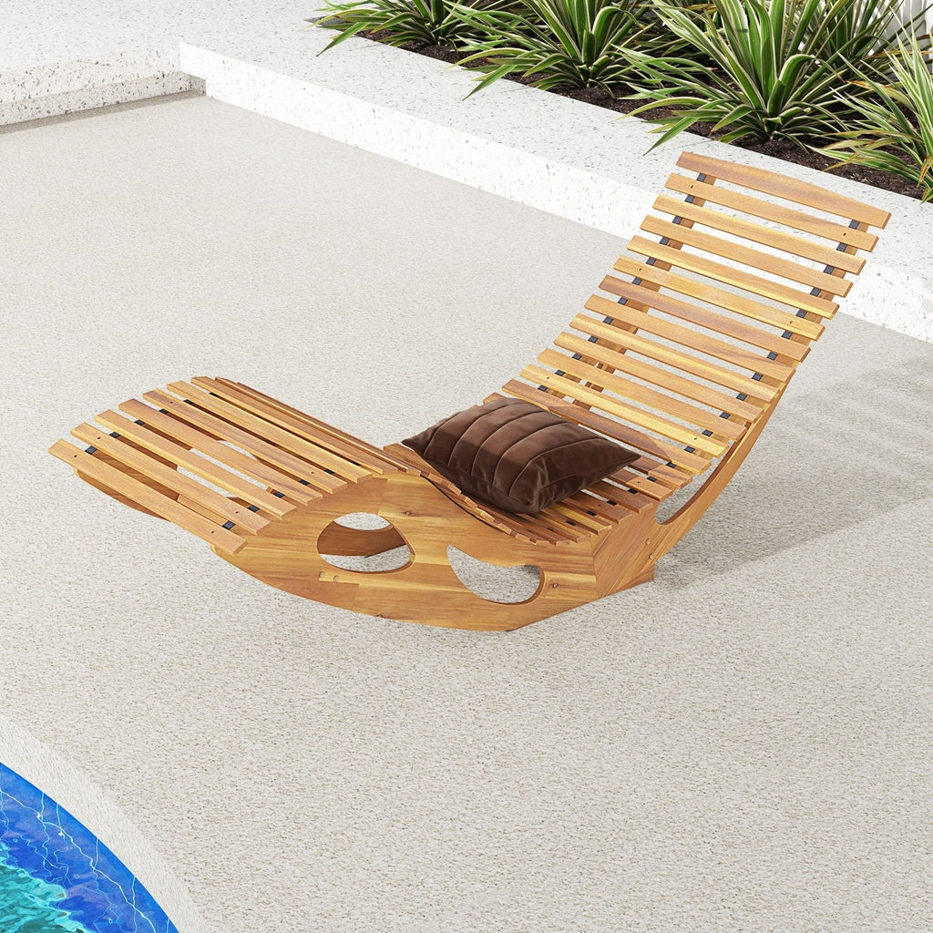 Acacia Wood Rocking Sun Lounger with Slatted Ergonomic Seat, 350 lb