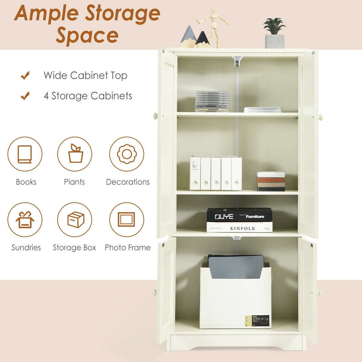 Accent Floor Storage Cabinet with Adjustable Shelves Antique 2-Door-Cream White
