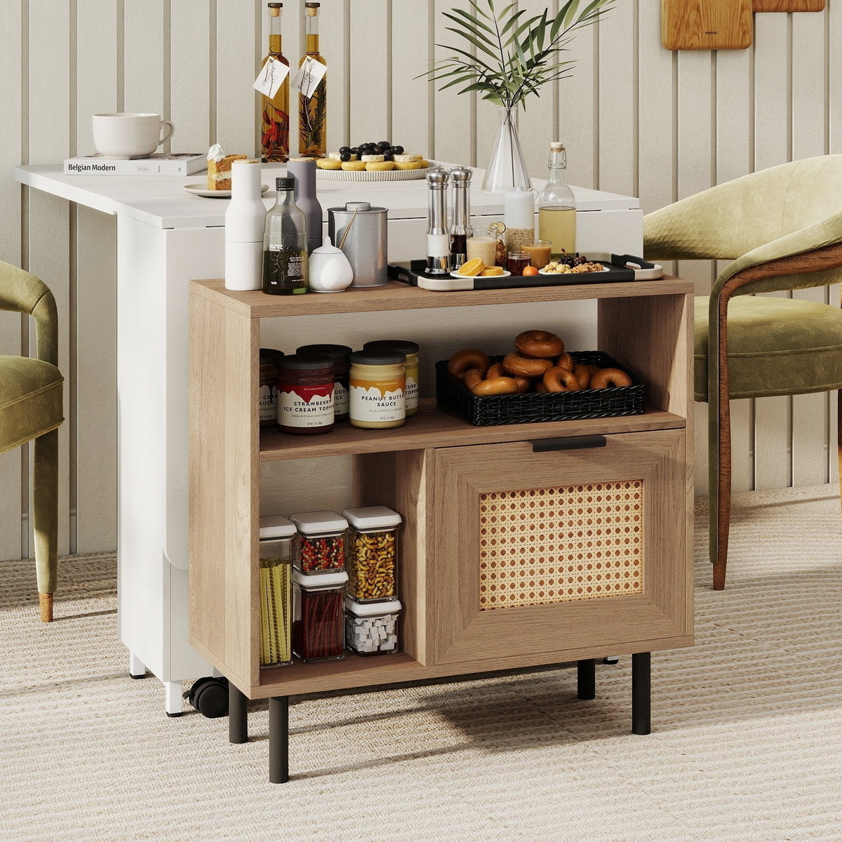 Accent Side End Table with Storage Shelf and Cabinet for Small Space-Natural