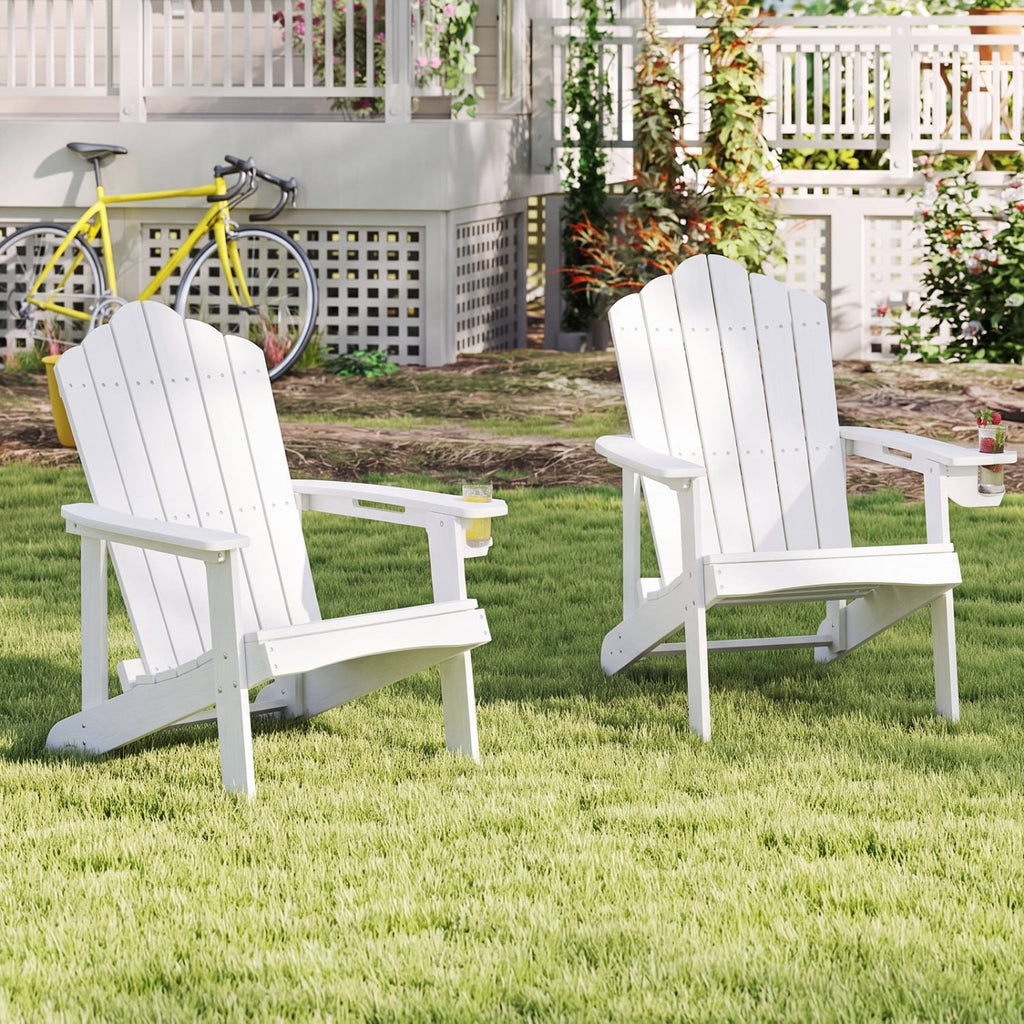 Outdoor Adirondack Chair with Built-in Cup Holder for Backyard Porch-White