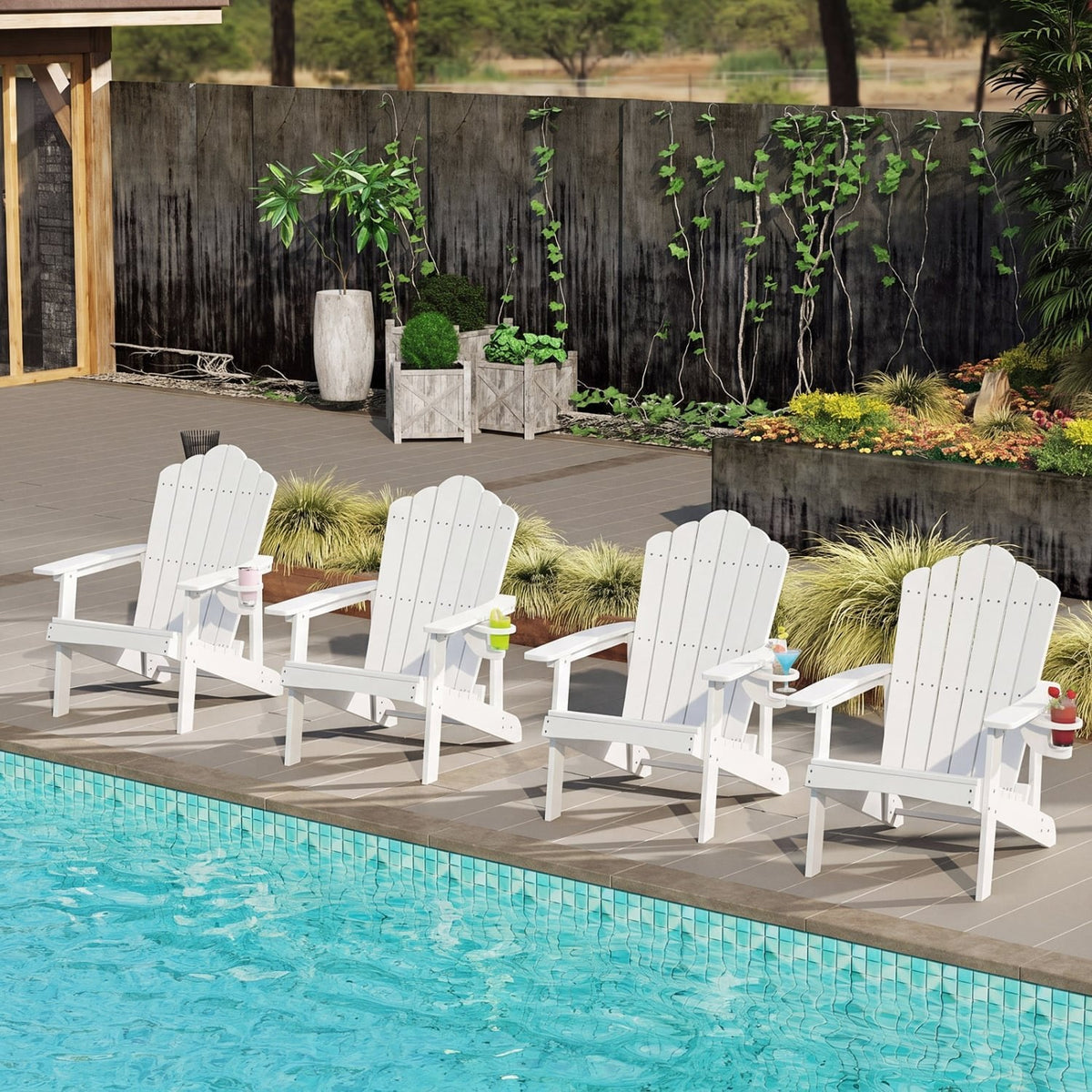 Outdoor Adirondack Chair with Built-in Cup Holder for Backyard Porch-White