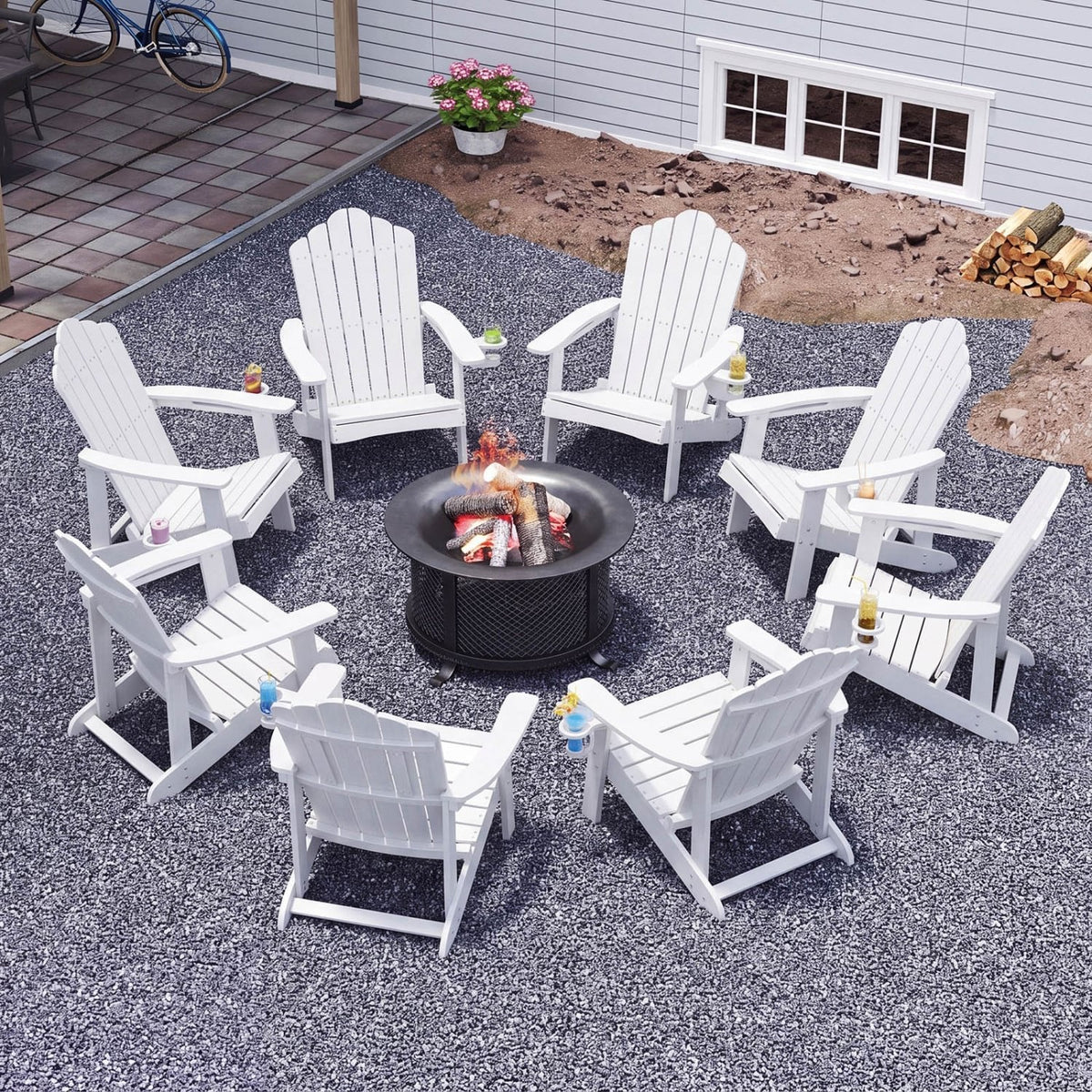 Outdoor Adirondack Chair with Built-in Cup Holder for Backyard Porch-White