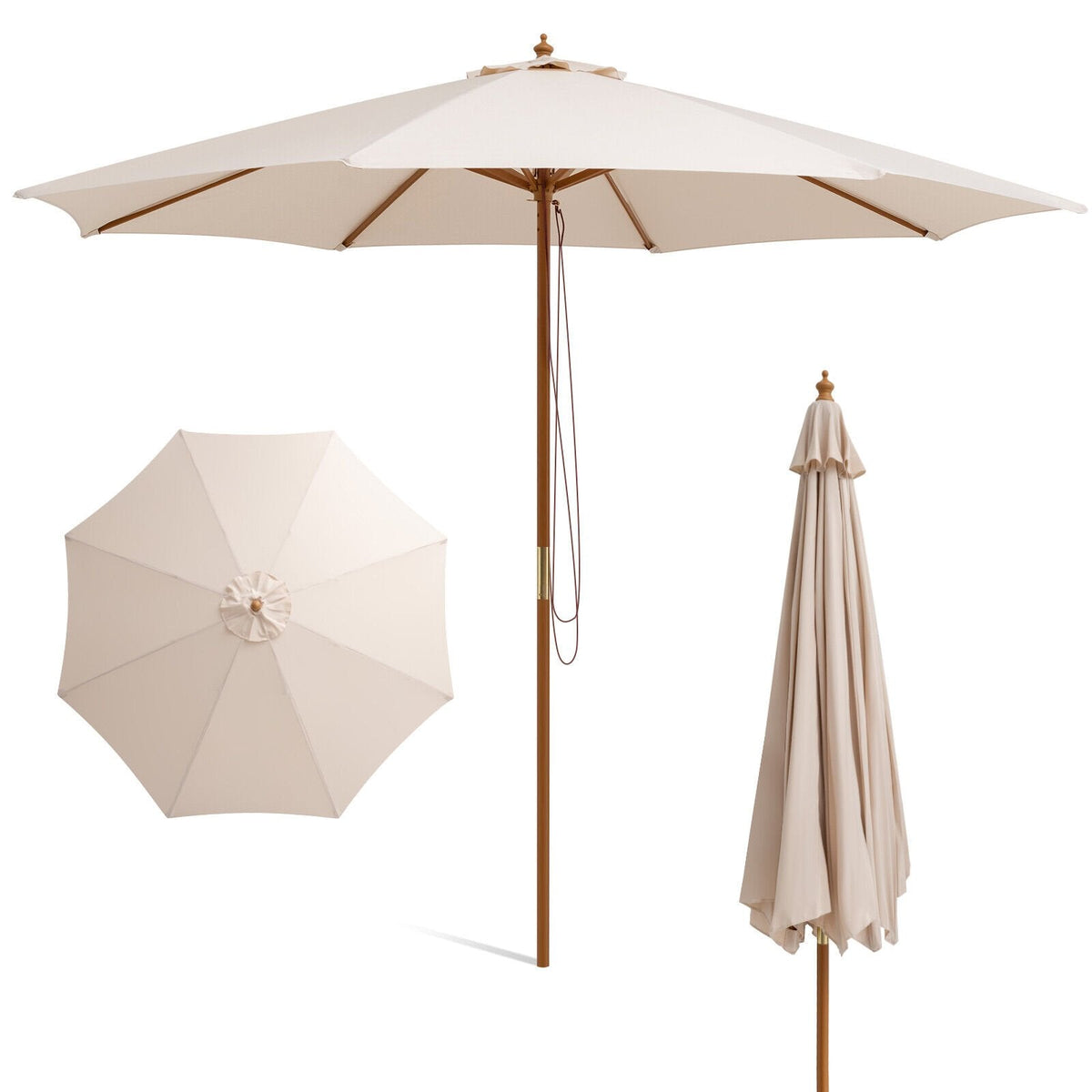 Adjustable 10 Feet Wooden Outdoor Umbrella Sunshade-Beige