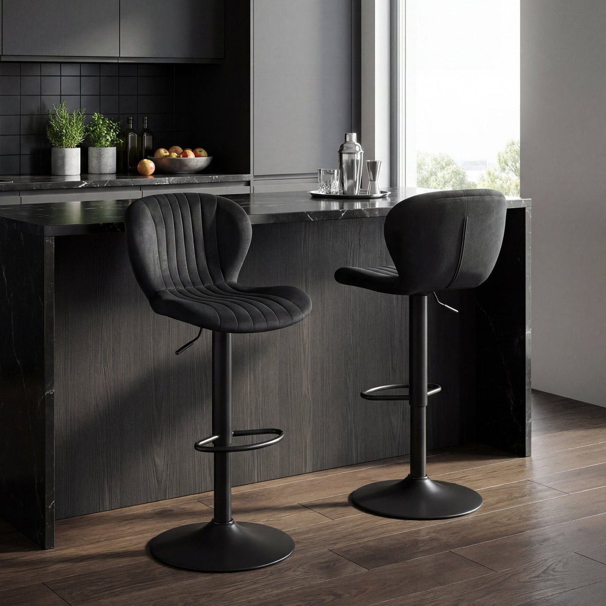 Set of 2 Adjustable Swivel Bar Stools in Black Dutch Velvet, 24 to 32 Inch Seat Height