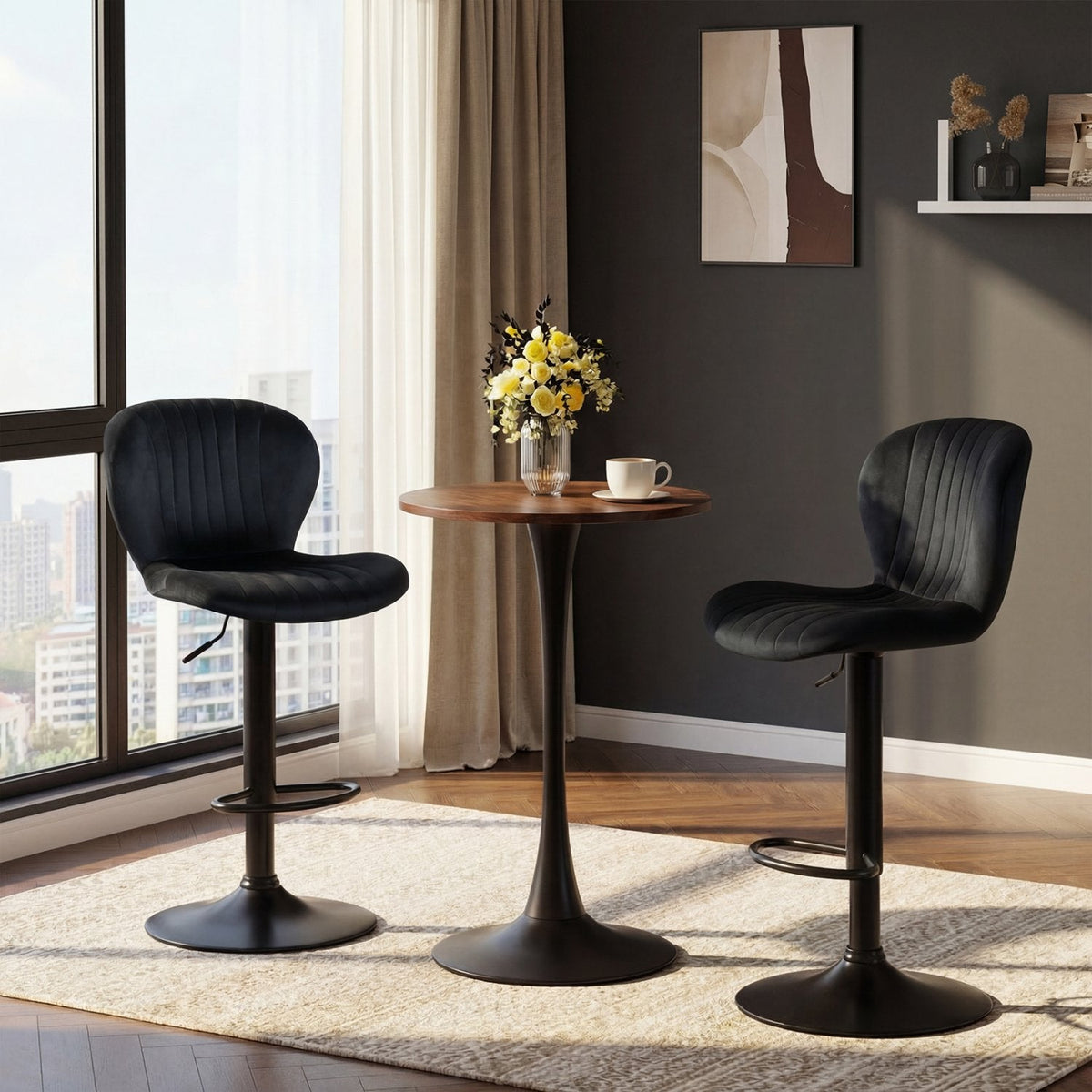 Set of 2 Adjustable Swivel Bar Stools in Black Dutch Velvet, 24 to 32 Inch Seat Height