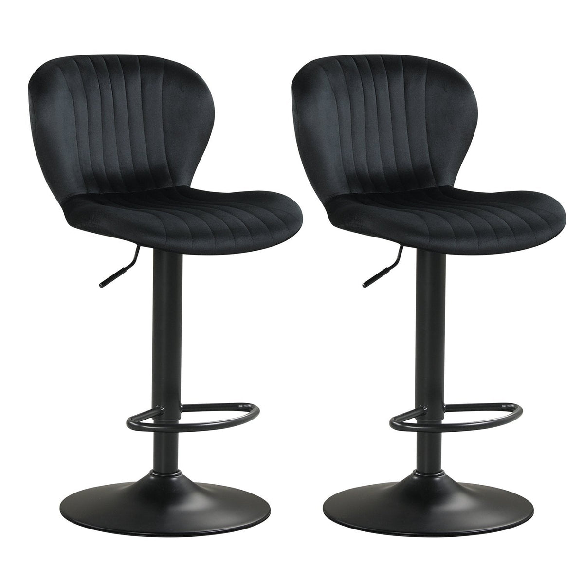 Set of 2 Adjustable Swivel Bar Stools in Black Dutch Velvet, 24 to 32 Inch Seat Height