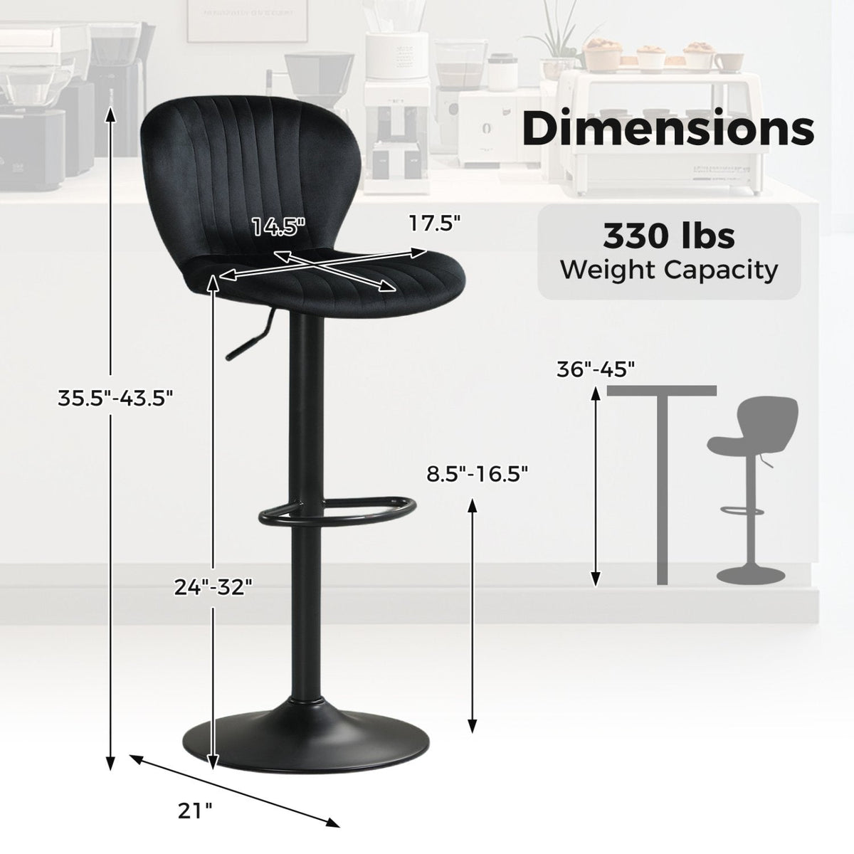 Set of 2 Adjustable Swivel Bar Stools in Black Dutch Velvet, 24 to 32 Inch Seat Height