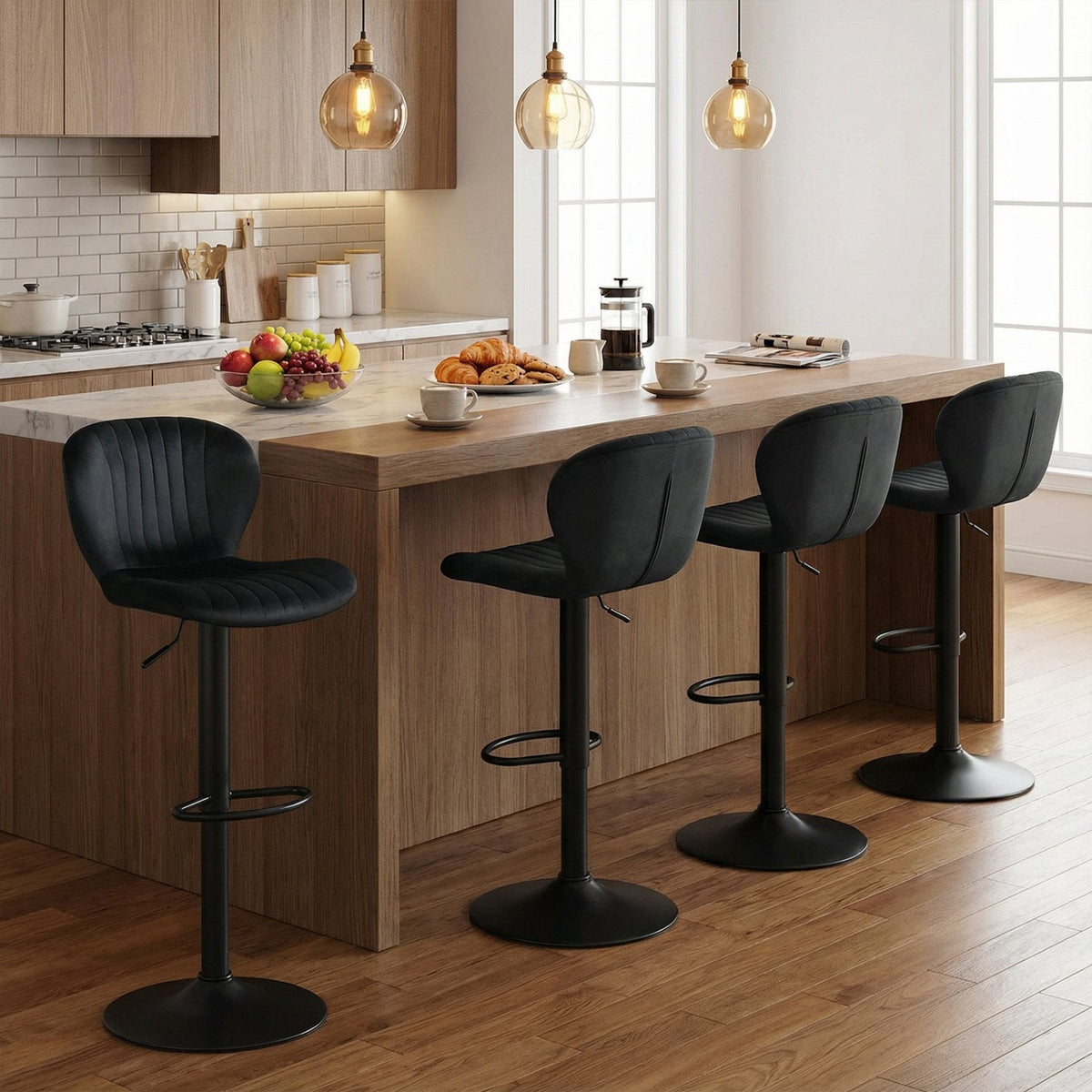 Set of 2 Adjustable Swivel Bar Stools in Black Dutch Velvet, 24 to 32 Inch Seat Height