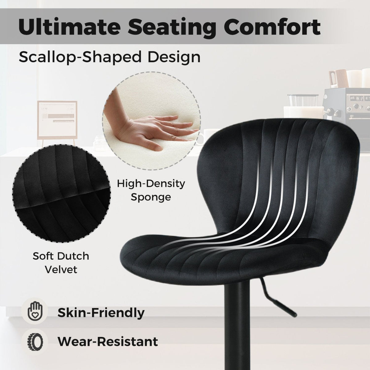Set of 2 Adjustable Swivel Bar Stools in Black Dutch Velvet, 24 to 32 Inch Seat Height