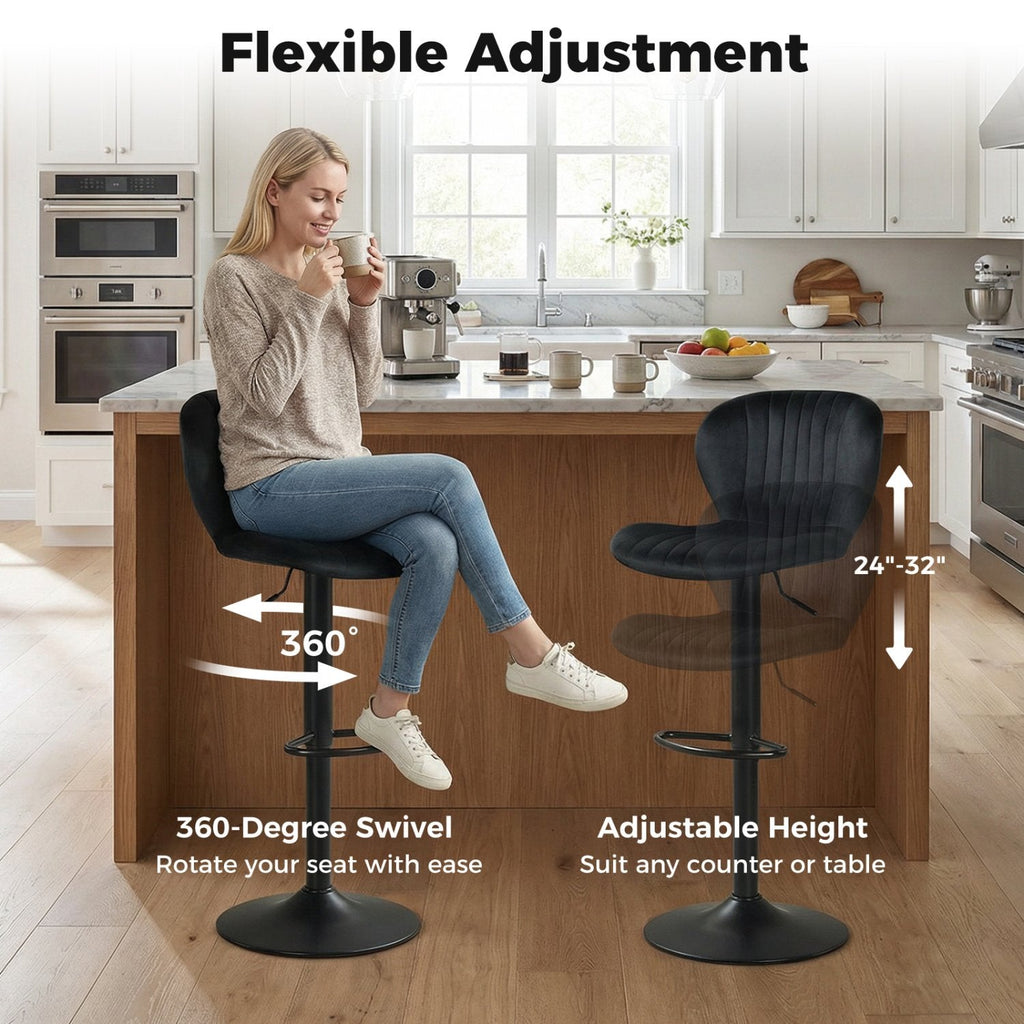 Set of 2 Adjustable Swivel Bar Stools in Black Dutch Velvet, 24 to 32 Inch Seat Height