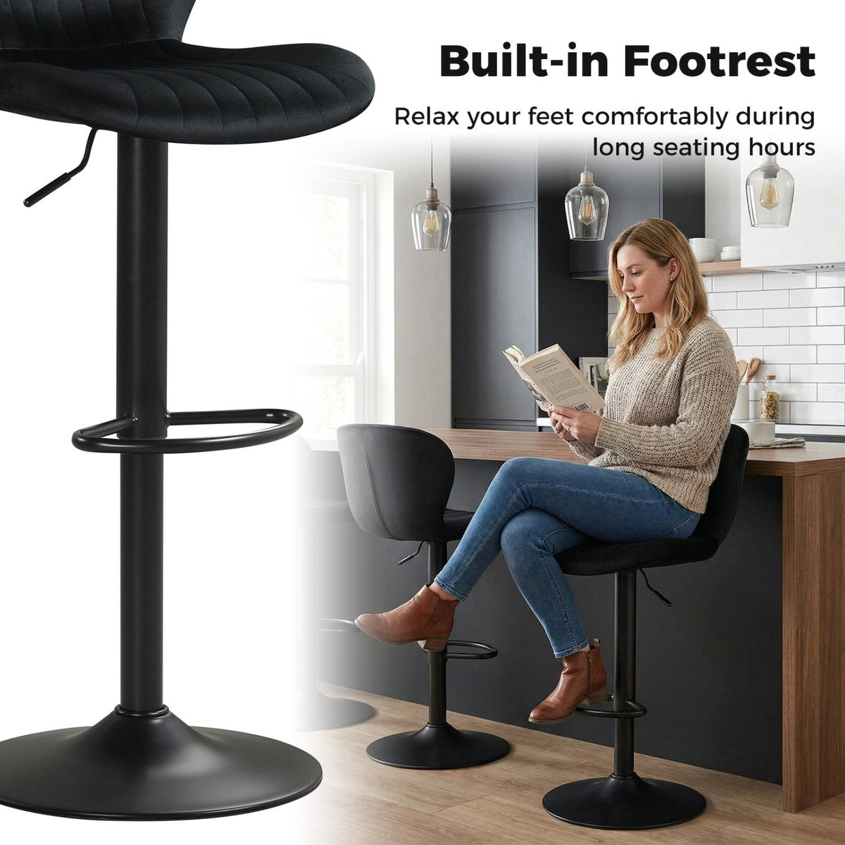 Set of 2 Adjustable Swivel Bar Stools in Black Dutch Velvet, 24 to 32 Inch Seat Height