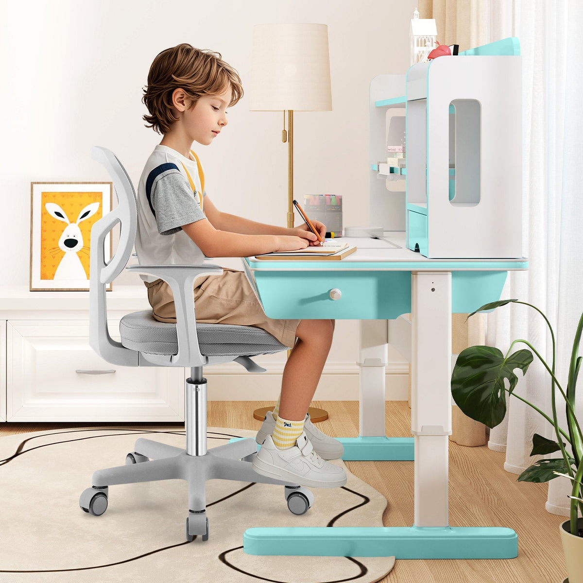 Adjustable Desk Chair with 5 Rolling Casters for Kids-Gray