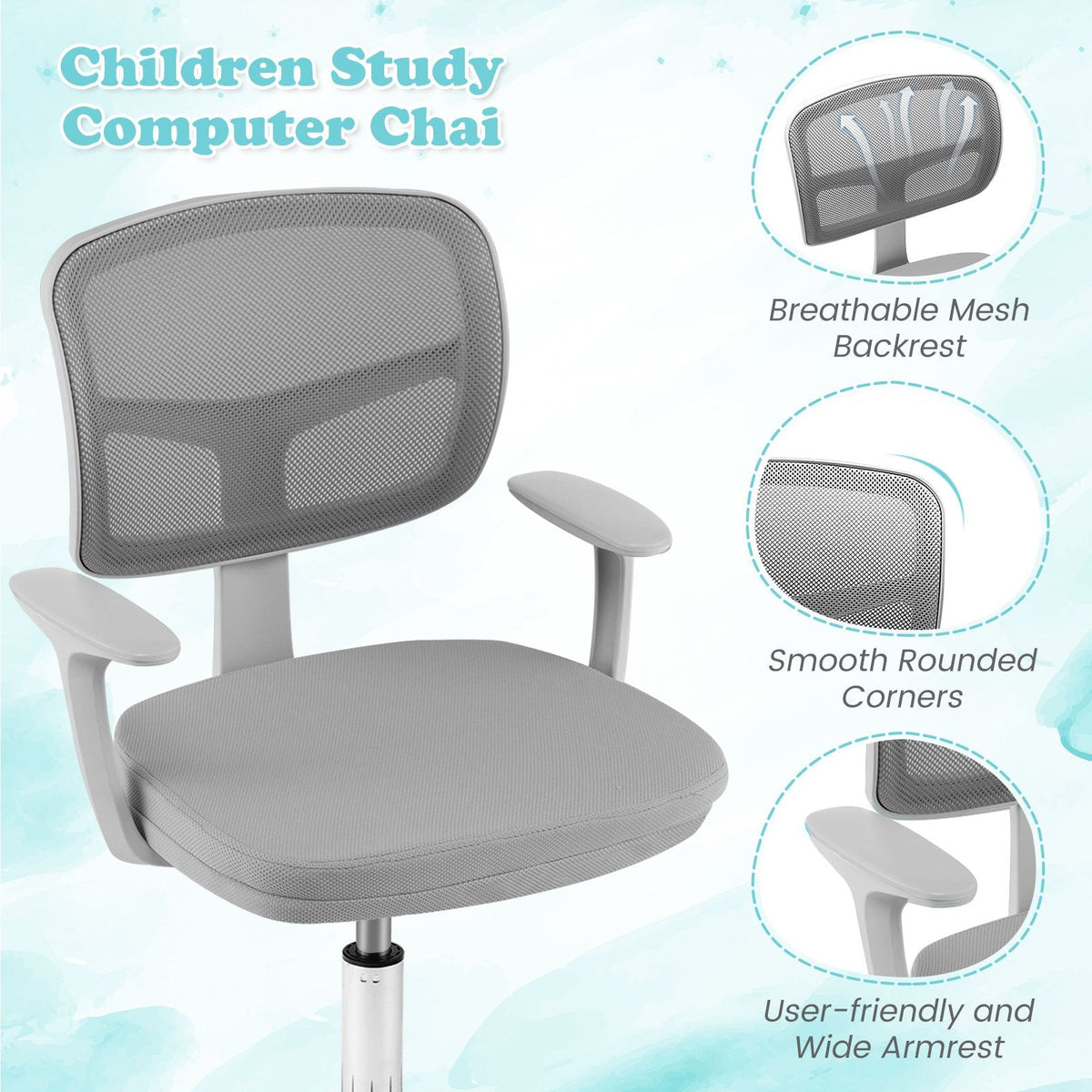 Adjustable Desk Chair with 5 Rolling Casters for Kids-Gray