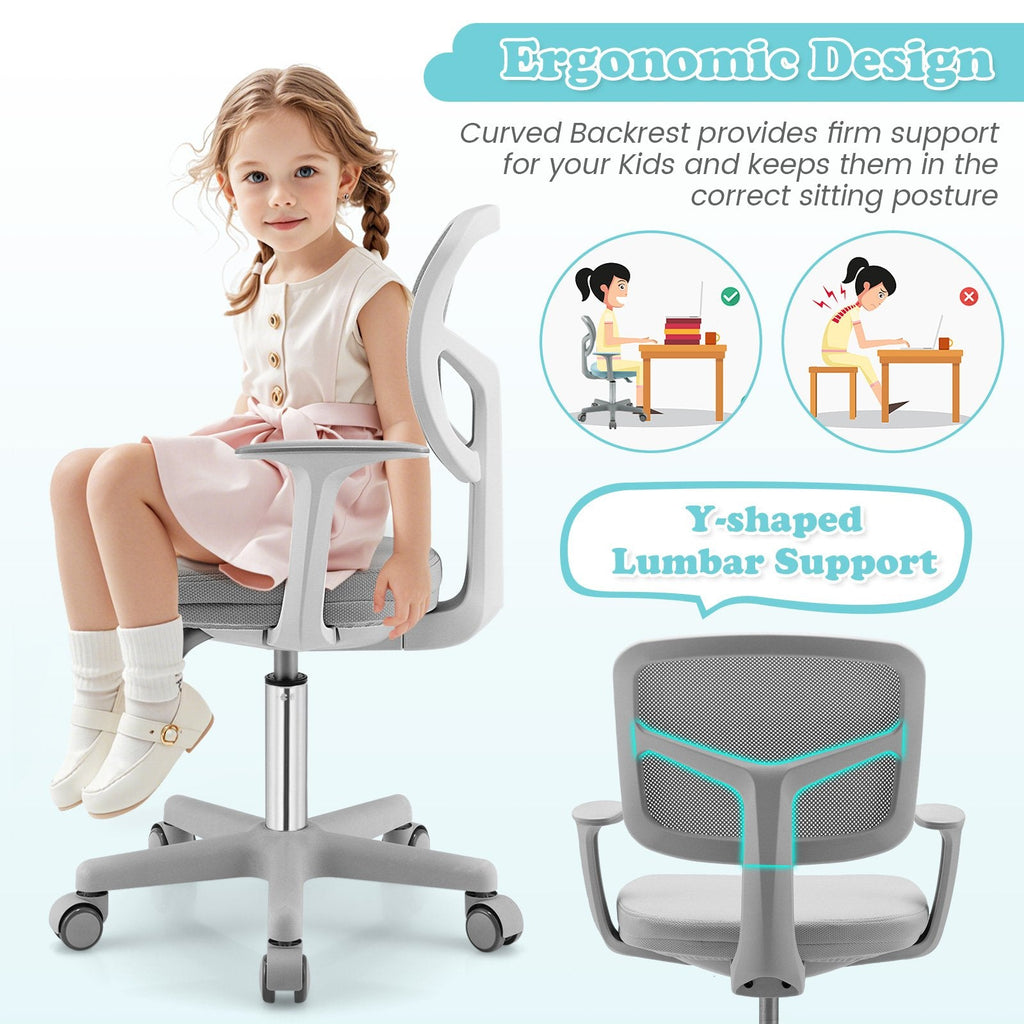 Adjustable Desk Chair with 5 Rolling Casters for Kids-Gray