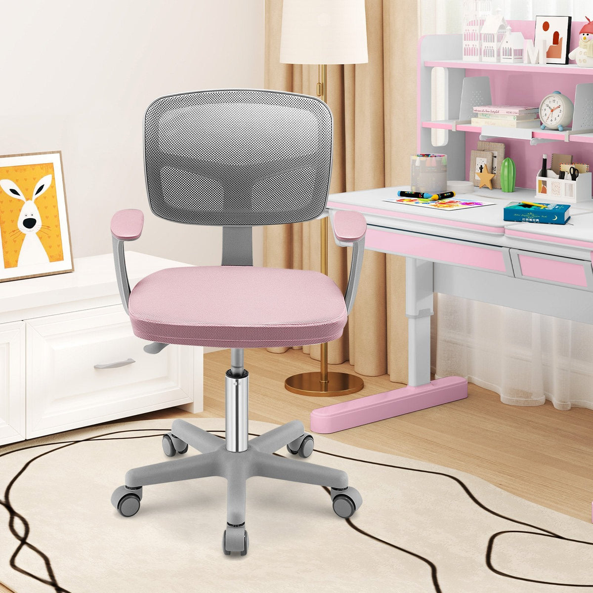 Adjustable Desk Chair with Auto Brake Casters for Kids-Pink