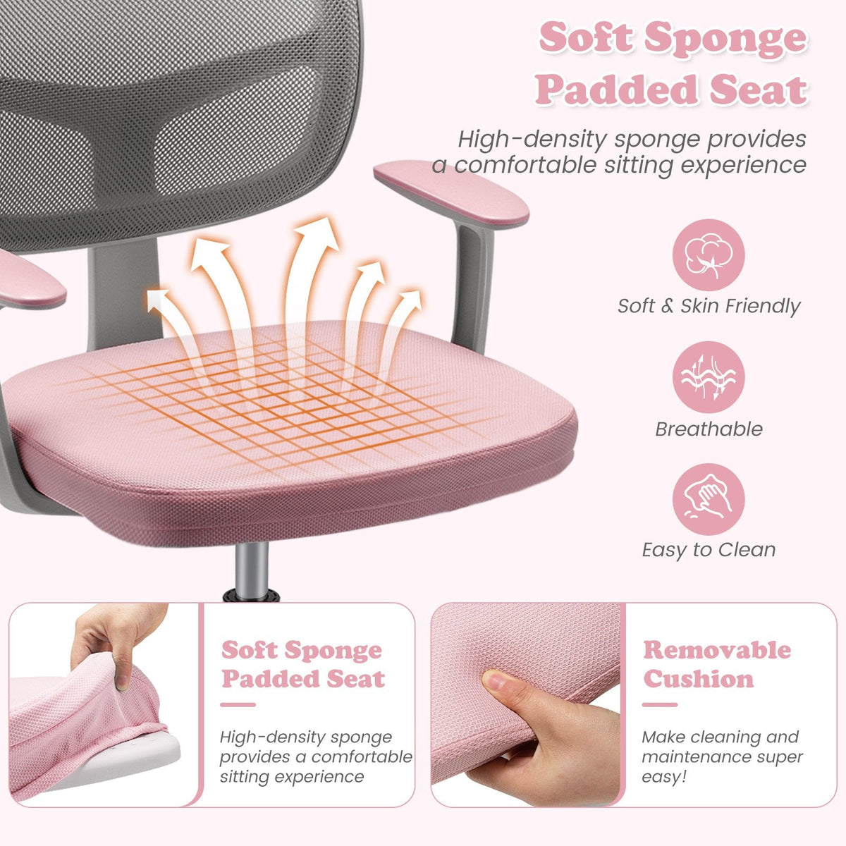 Adjustable Desk Chair with Auto Brake Casters for Kids-Pink
