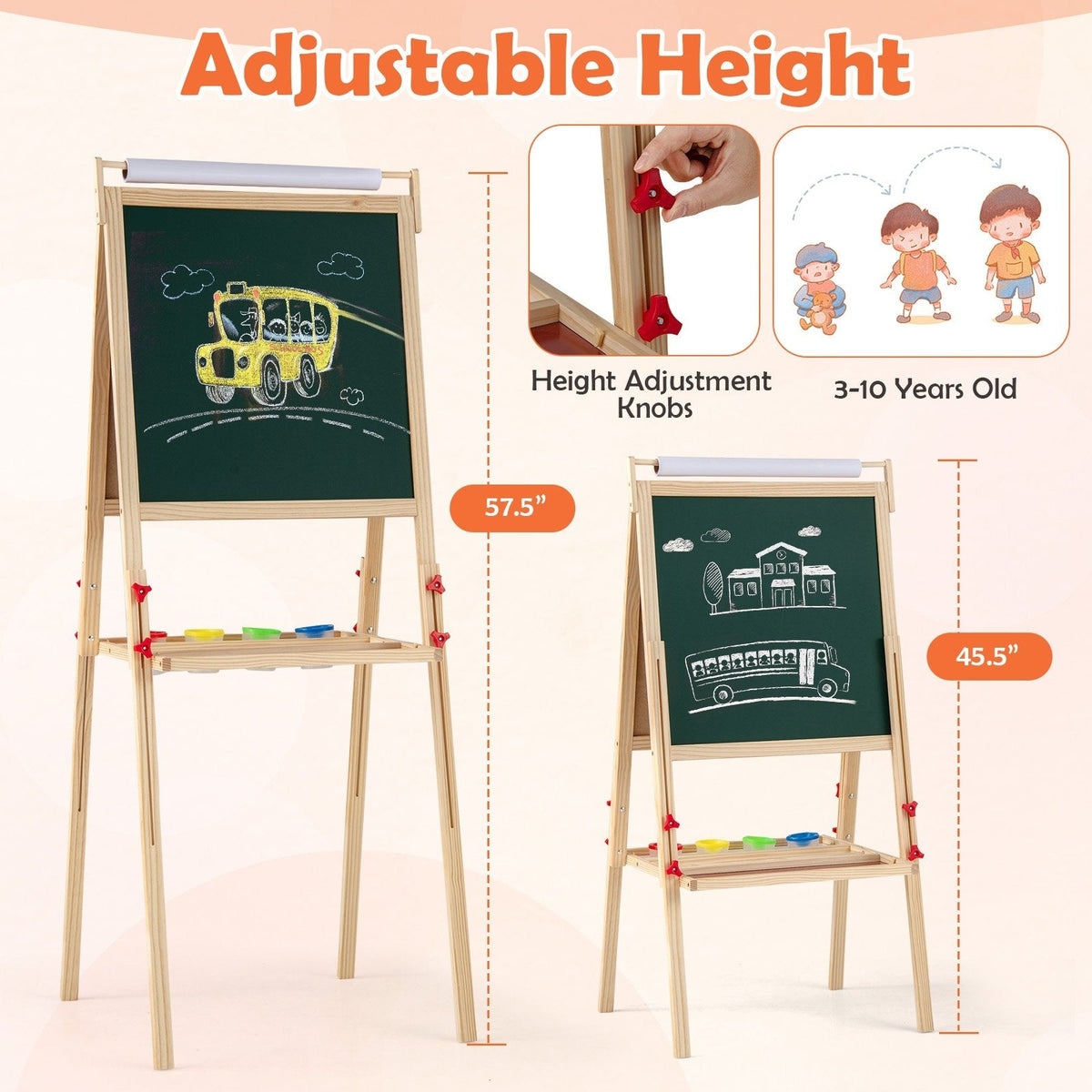 Adjustable Double-sided Easel with 4 Paint Cups-Natutral