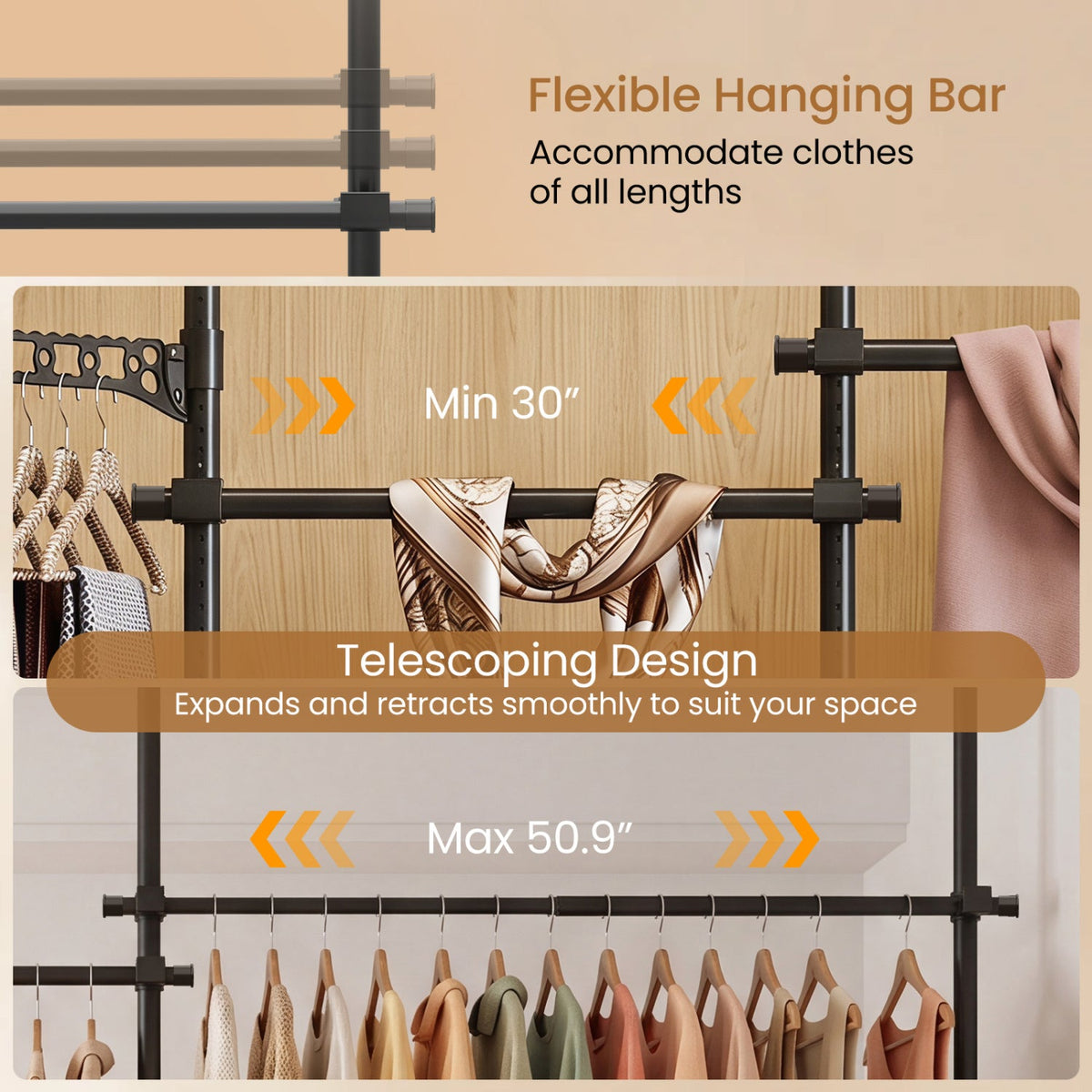 Adjustable Floor to Ceiling Clothes Rack with 4 Hanging Rods-Black