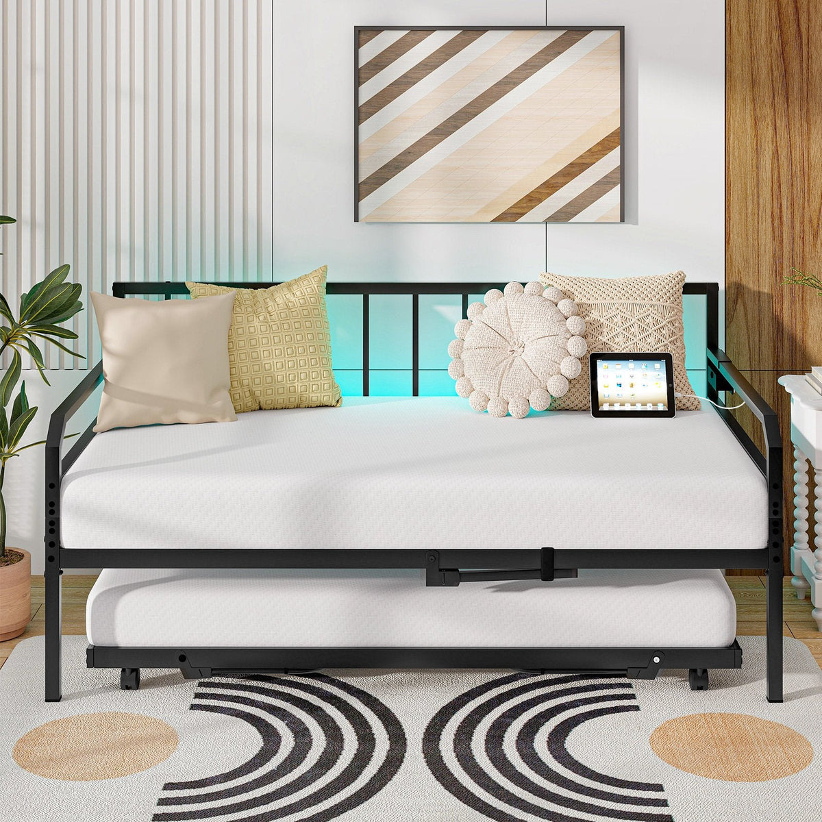 Adjustable Metal Twin Size Daybed with Charging Station and LED Light-Black