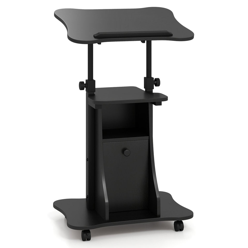 Adjustable Mobile Standing Desk Cart with Tilt Desktop and Cabinet-Black