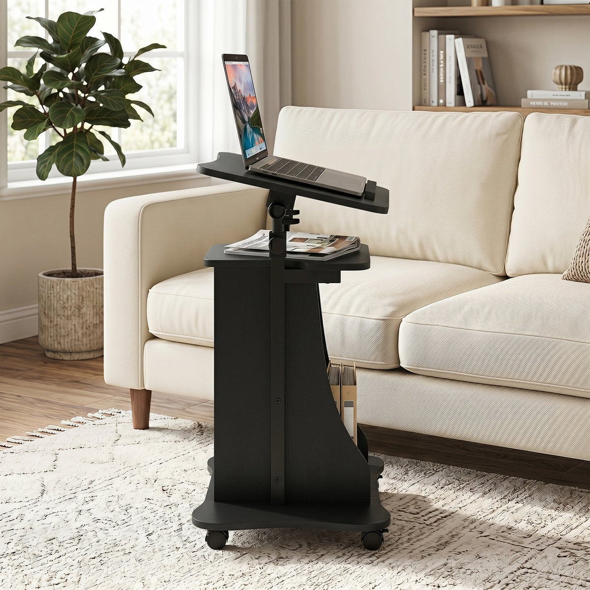 Adjustable Mobile Standing Desk Cart with Tilt Desktop and Cabinet-Black