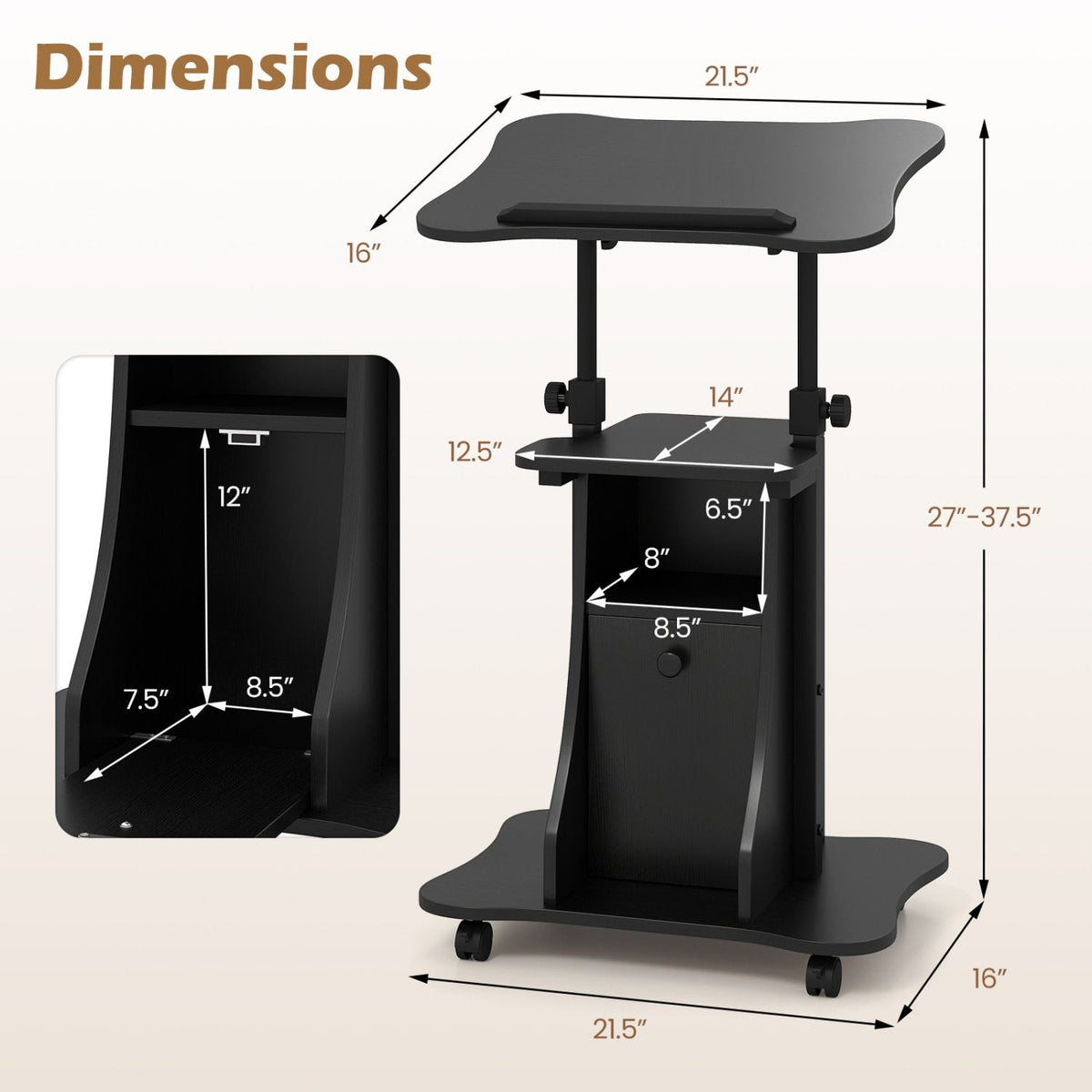 Adjustable Mobile Standing Desk Cart with Tilt Desktop and Cabinet-Black
