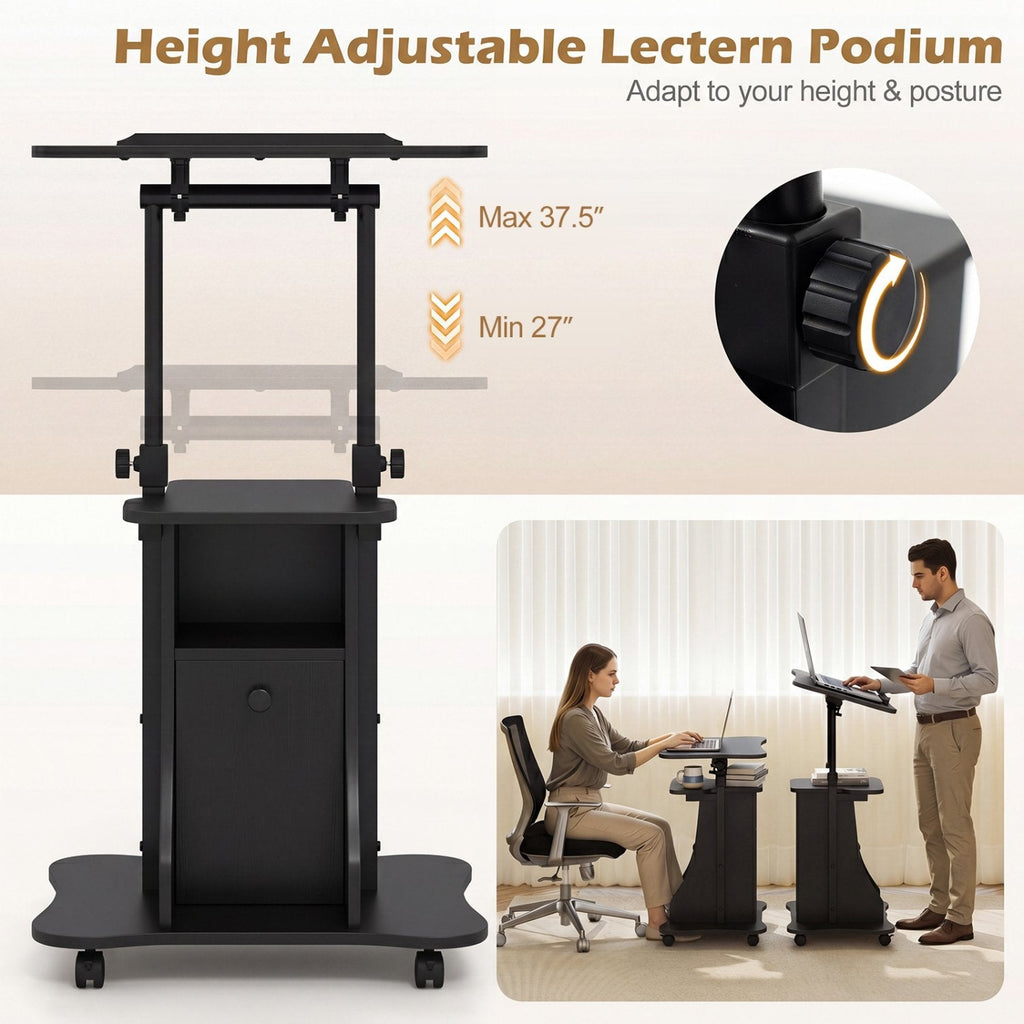 Adjustable Mobile Standing Desk Cart with Tilt Desktop and Cabinet-Black