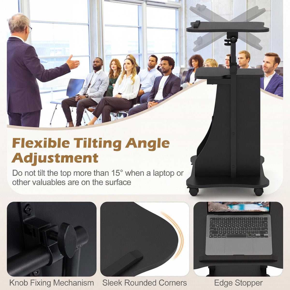 Adjustable Mobile Standing Desk Cart with Tilt Desktop and Cabinet-Black