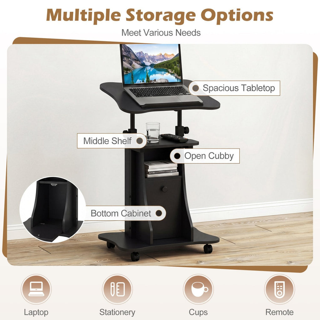 Adjustable Mobile Standing Desk Cart with Tilt Desktop and Cabinet-Black