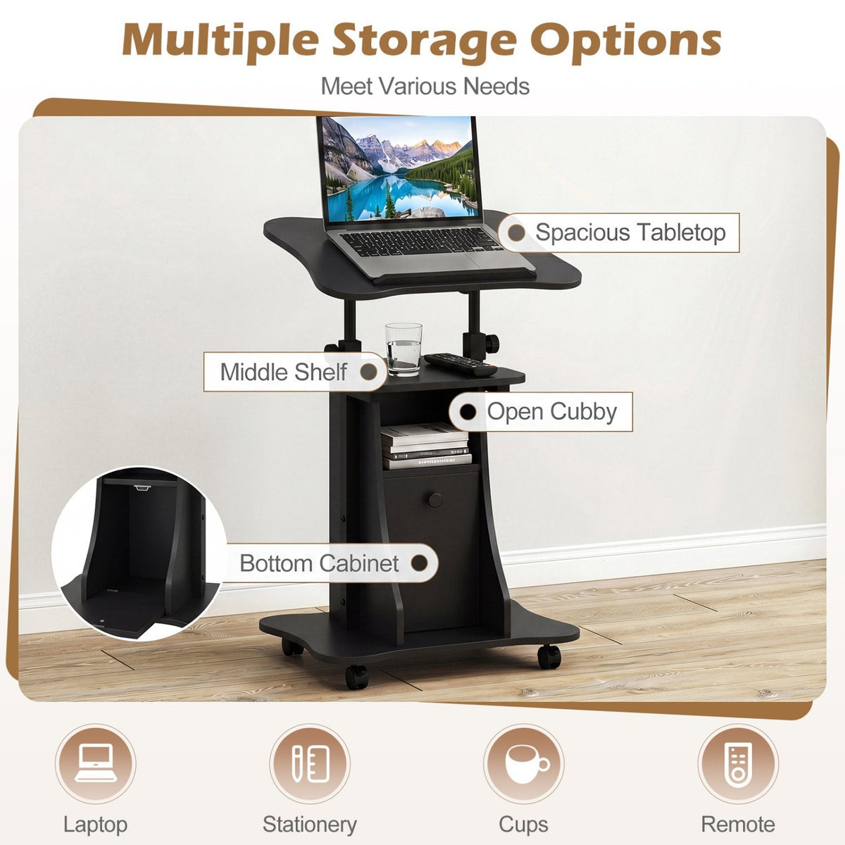 Adjustable Mobile Standing Desk Cart with Tilt Desktop and Cabinet-Black