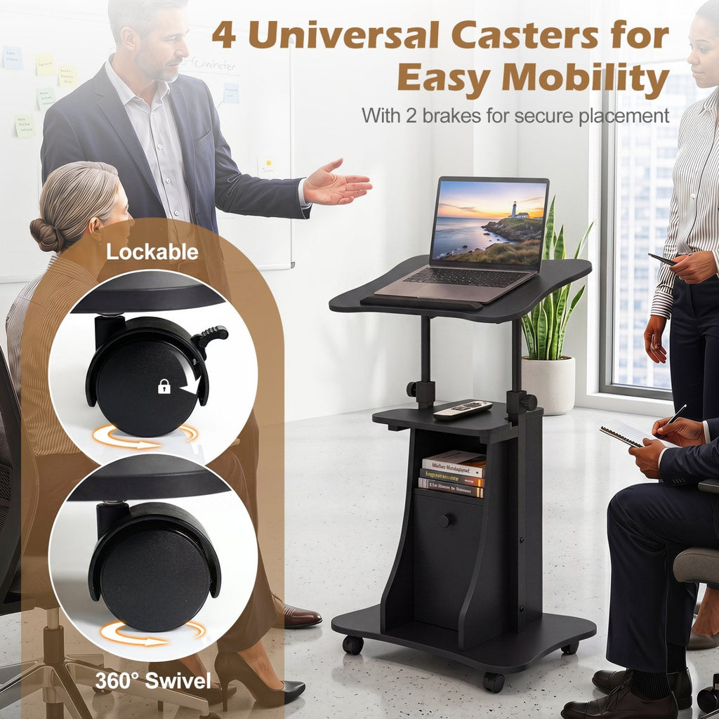 Adjustable Mobile Standing Desk Cart with Tilt Desktop and Cabinet-Black