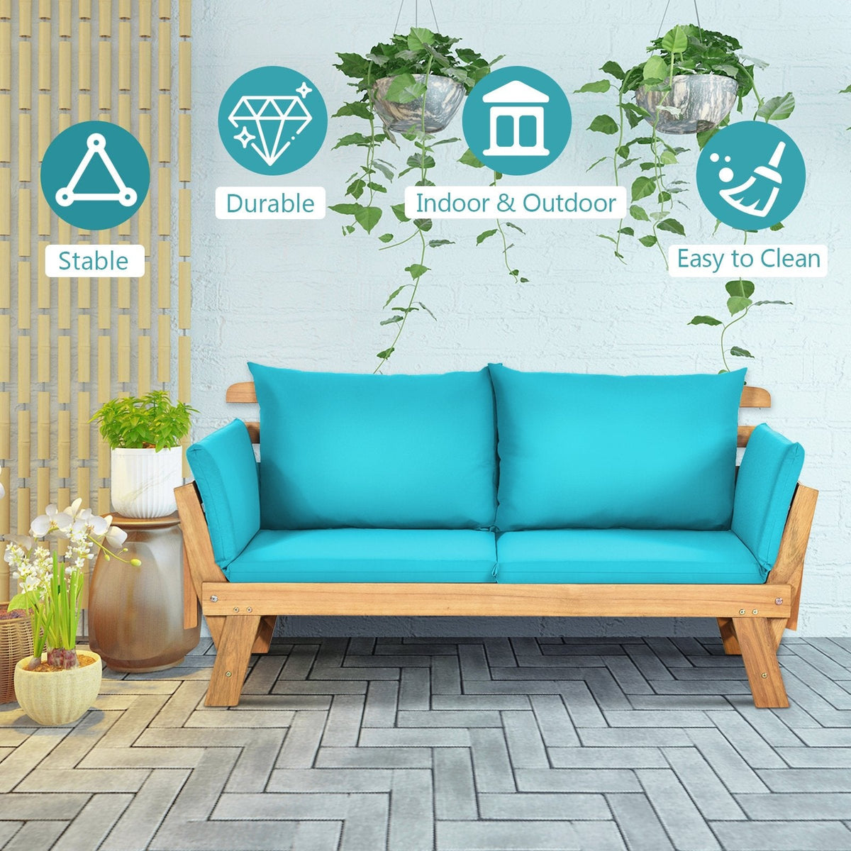 Adjustable, Patio Convertible Sofa with Thick Cushion-Turquoise