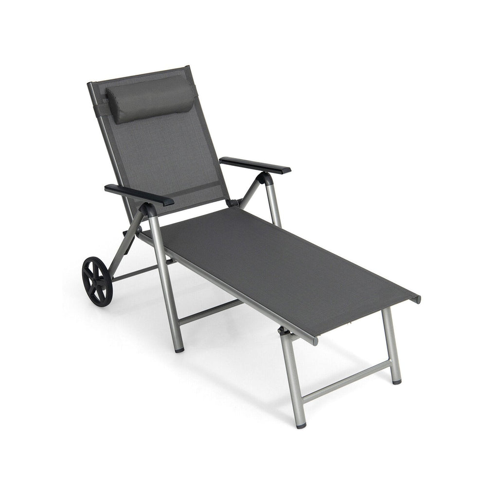 Folding Aluminium Chaise Lounge with Wheels and 7 Level Backrest