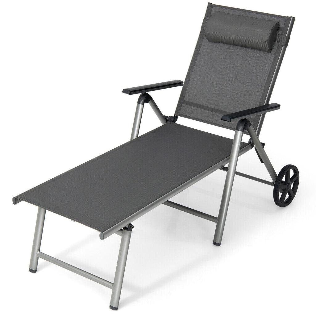 Folding Aluminium Chaise Lounge with Wheels and 7 Level Backrest