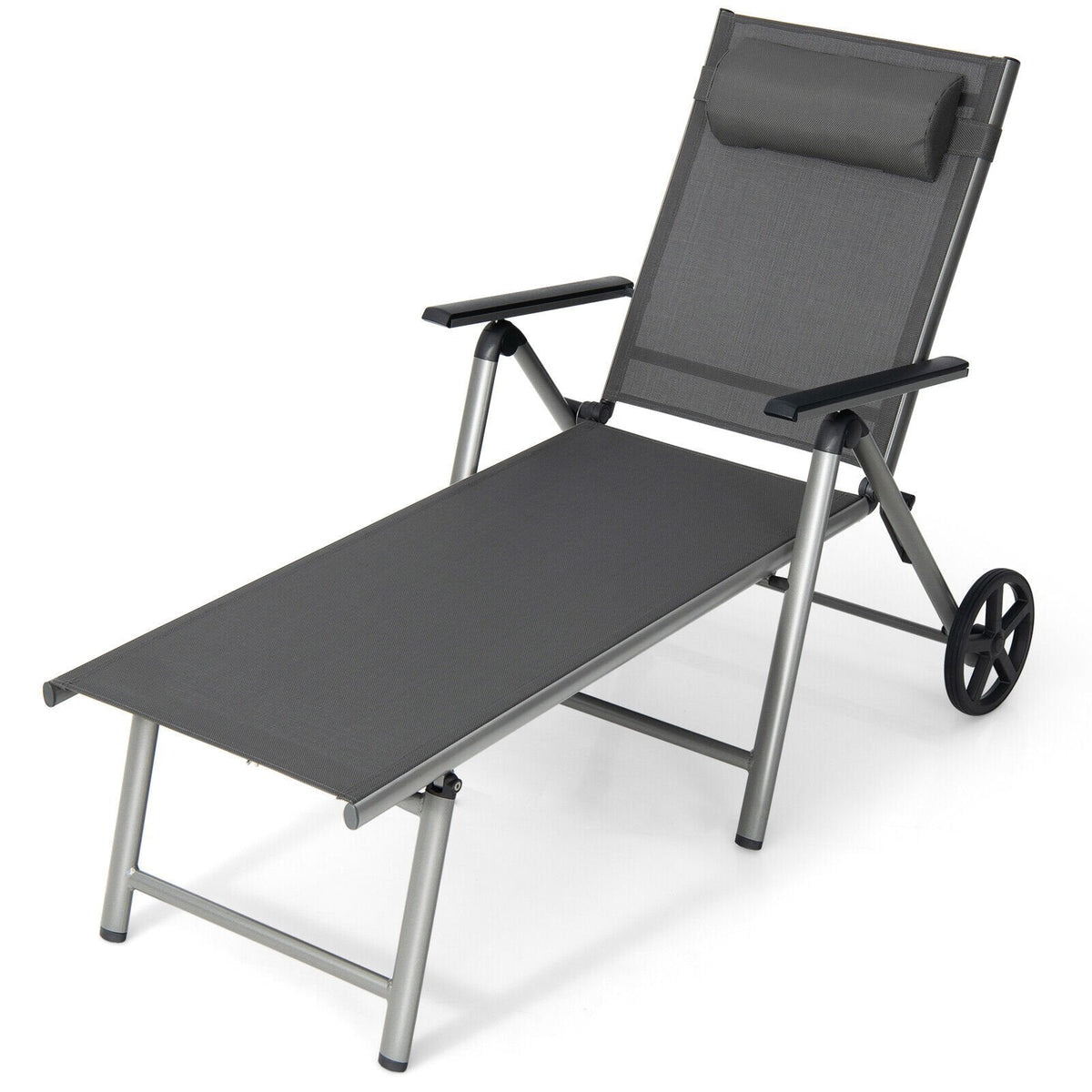 Folding Aluminium Chaise Lounge with Wheels and 7 Level Backrest
