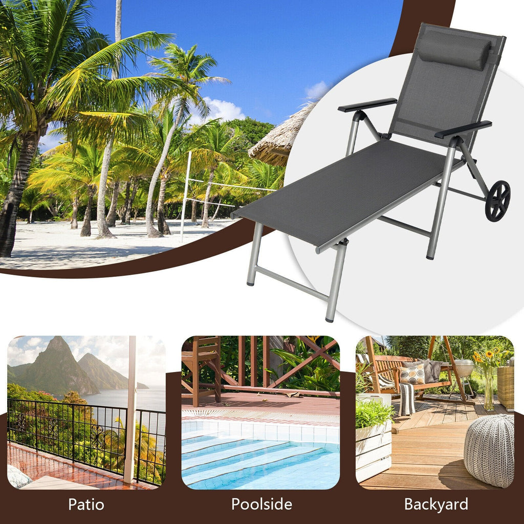 Folding Aluminium Chaise Lounge with Wheels and 7 Level Backrest