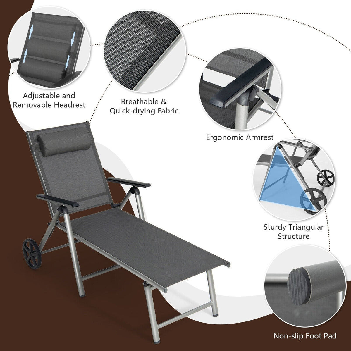 Folding Aluminium Chaise Lounge with Wheels and 7 Level Backrest