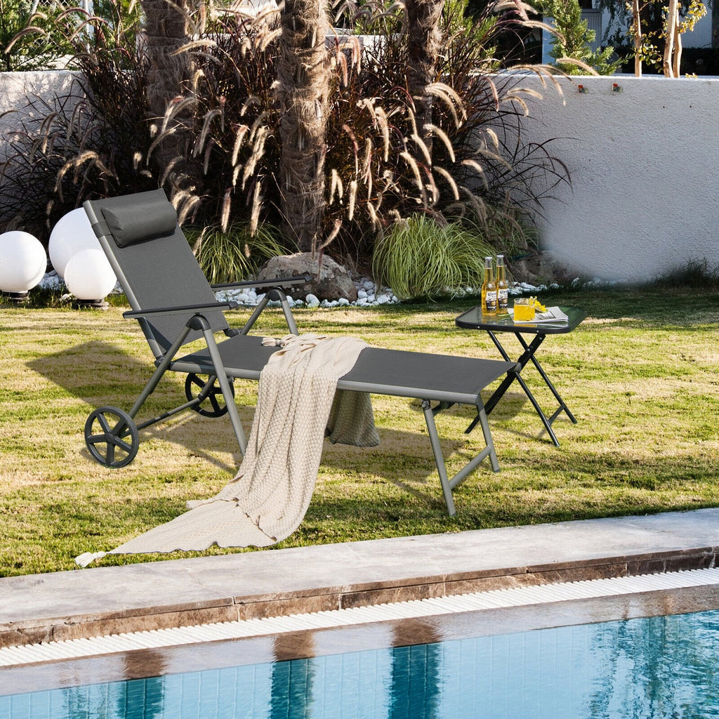 Folding Aluminium Chaise Lounge with Wheels and 7 Level Backrest