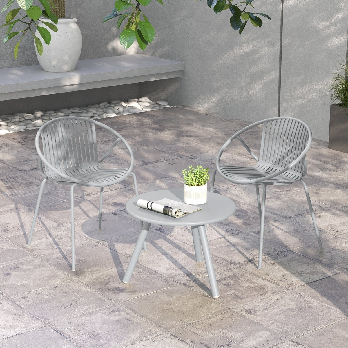 3 Piece Gray Resin Patio Conversation Set with 2 Round Back Chairs and Round Coffee Table